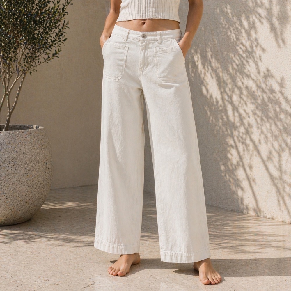 Paige Harper Ankle Vintage Jeans Women 33 Tonal Ecru Wide Leg Raw Hem Distressed